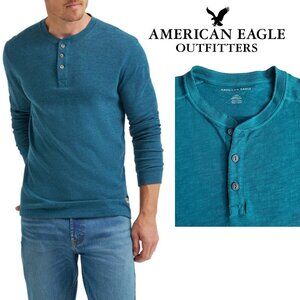 American Eagle Outfitters Men's 100% Cotton Slub Henley Teal Standard Fit L